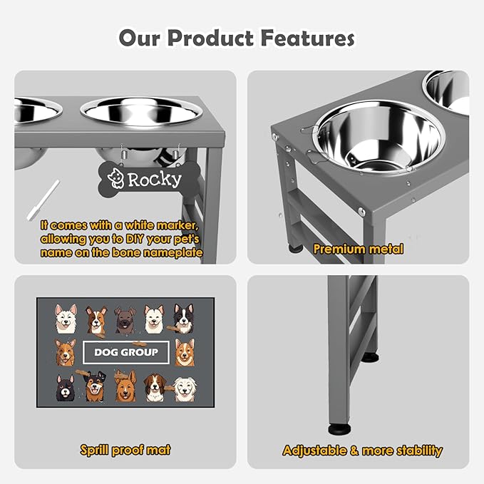 Elevated Dog Bowls, 10" Tall Height, Raised Bowl Stand with 2 Stainless Steel Food Feeder Bowls (58oz) and Spill-Proof Mat for Medium Large and Small Breeds, Grey-PurrikoPets