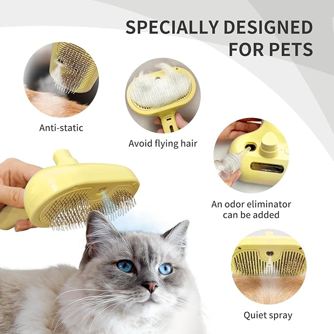 3 In 1 Steamy Brush with Release Button and Tank, Anti-Static Pet Brush for Long and Short Hair Pets to Remove Tangles and Loose Fur (Yellow)-PurrikoPets