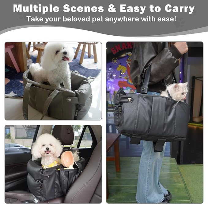 2 and 1 Center Console Dog Car Seat & Carrier for Small Dogs, Large Leather Dog Car Bed with Storage Pocket, Waterproof PVC Leather Seat Travel Bed for Front & Back Seat, Clip-On Safety Leash-PurrikoPets