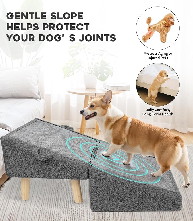 Dog Stairs for Small Dogs and Cats – 2-in-1 Dog Ramp for Bed and Couch, 16.5'' Foldable Wooden Pet Steps, Sturdy Multi-Use Split Ottoman Design, Dark Grey-PurrikoPets