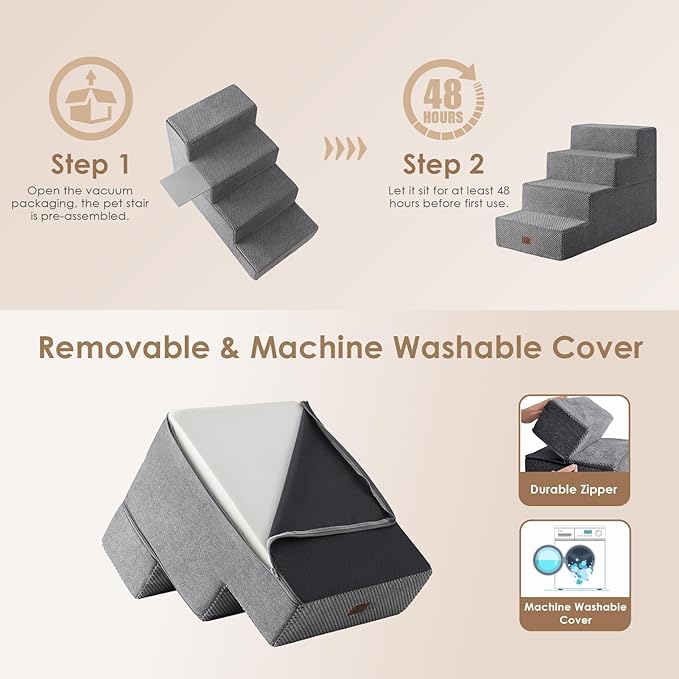 EHEYCIGA Dog Stairs for Bed 20" H, 4-Step Extra Wide Dog Steps for High Bed, Pet Steps for Small Dogs and Cats, Non-Slip Balanced Pet Ramp Indoor, Grey-PurrikoPets