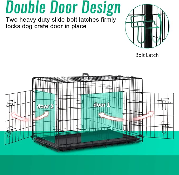 FDW Dog Crate for Large Dogs 42 Inch Folding Metal WirePet Cage Double Door W/Divider Panel Indoor Outdoor Kennel Leak-Proof Plastic Tray,Black-PurrikoPets