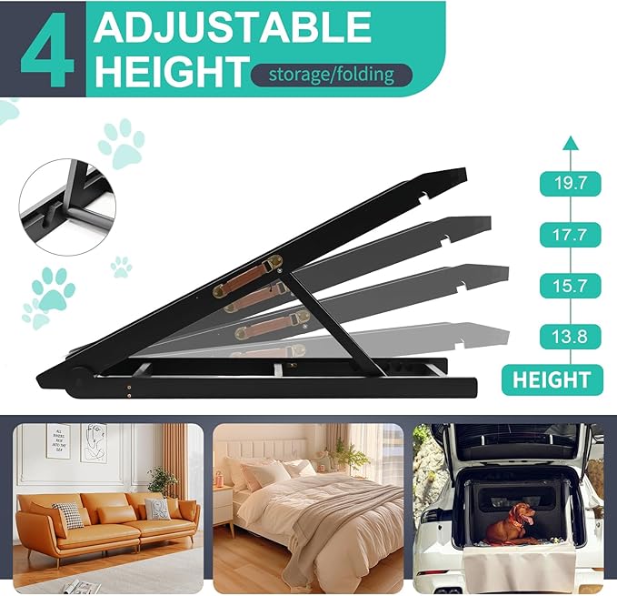 Dog Ramp, Adjustable Height Wooden Folding Pet Ramp for Bed, Couch,SUV-High Traction, Portable Paw Ramps for Small & Large Old Dogs & Cats - Furniture Quality-PurrikoPets