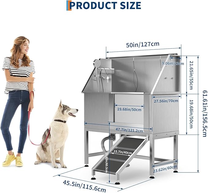 50" Stainless Steel Professional Dog Washing Station - Pet Bathing Tub w/Non-Slip Ramps | Slip-Resistant Floor Grate | for Large/Medium/Small Dogs-PurrikoPets