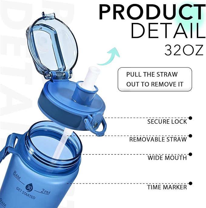 32oz Motivational Water Bottles with Time Marker & Fruit Strainer, Transparent Gradient Color Water Bottle with Times to Drink, Leakproof & BPA Free, Reusable Bottle with Strap (No Straw)-PurrikoPets