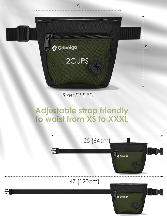 Gobeigo Dog Treat Pouch and Training Clicker, Upgrade Two Magnetic Closure to Prevent Spills, 2 Cup Treat Bag with Poop Bag Dispenser, Metal Clip Waist Belt Fanny Pack for Pet Walk (Black/Army Green)-PurrikoPets
