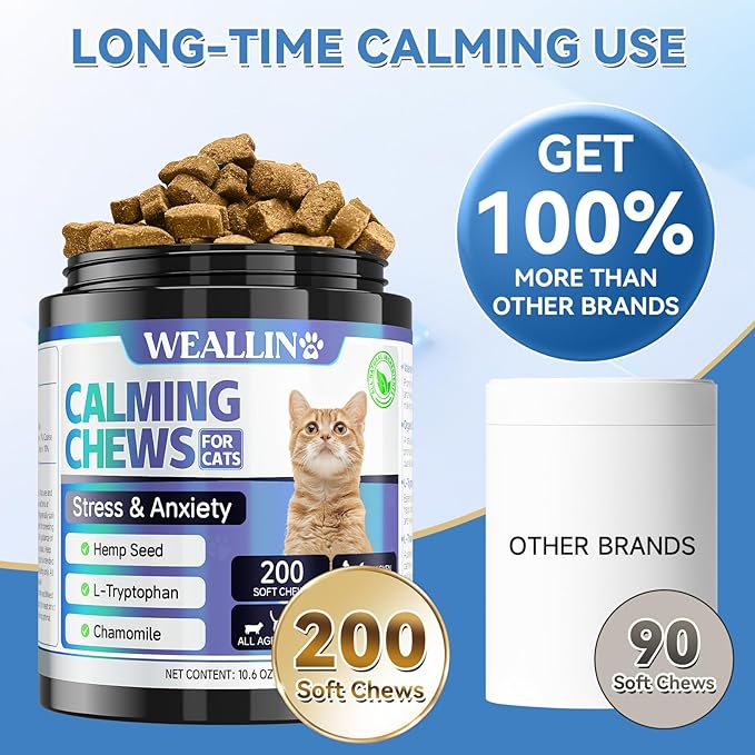 200 PCS Cat Calming Treats, Calming Treats for Cats Help to Manage Stress & Anxiety, Calming Aid for Cats with Hemp Seed Powder Chamomile Melatonin for Cat Anxiety Relief, Separation, Travel, Storms-PurrikoPets