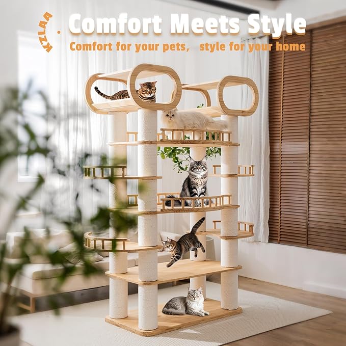 77'' Large Modern cat Tree, Multi-Level Tall Solid Cat Tower, Cat Furniture for Indoor Cats, Huge Cat Condo for Multi-Cat Families-PurrikoPets