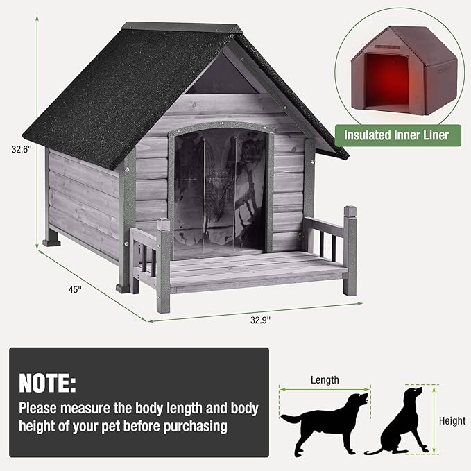 Dog House Outdoor Insulated for Winter, Puppy Kennel with Anti-Chewing Iron Frame, Weatherproof Dog Crate with Insulated Liner for Small Medium Large Dogs (Grey, 45" x 32.9" x 32.6")-PurrikoPets