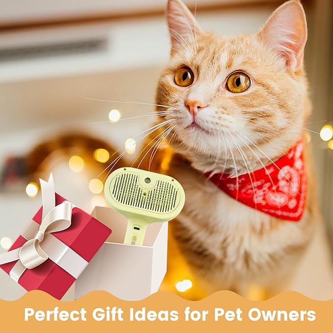3 in 1 Cat Steam Brush, Pet Spray Hair Removal Comb for Shedding & Grooming, Water Brush for Cats Dogs Small Animals Long Short Haired with One-Click Release Button(Yellow)-PurrikoPets