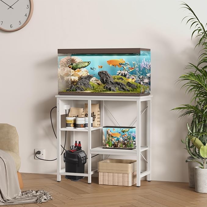 20-29 Gallon Fish Tank Stand with Power Outlet & LED Light, Metal Aquarium Stand with 3 Tier Adjustable Storage Shelves, Tank Stand for Reptile Tank, Turtle Tank, 30.7" L*13.8" W, White-PurrikoPets