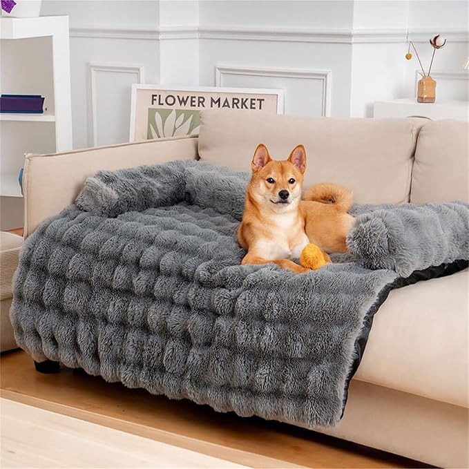 FUNNY FUZZY Pet Fluffy Plush Calming Dog Couch Bed Sofa Protector Washable Pets Mat for Large Medium Small Dogs and Cats (Grey,47.24 × 37.4 × 6.3 in)-PurrikoPets