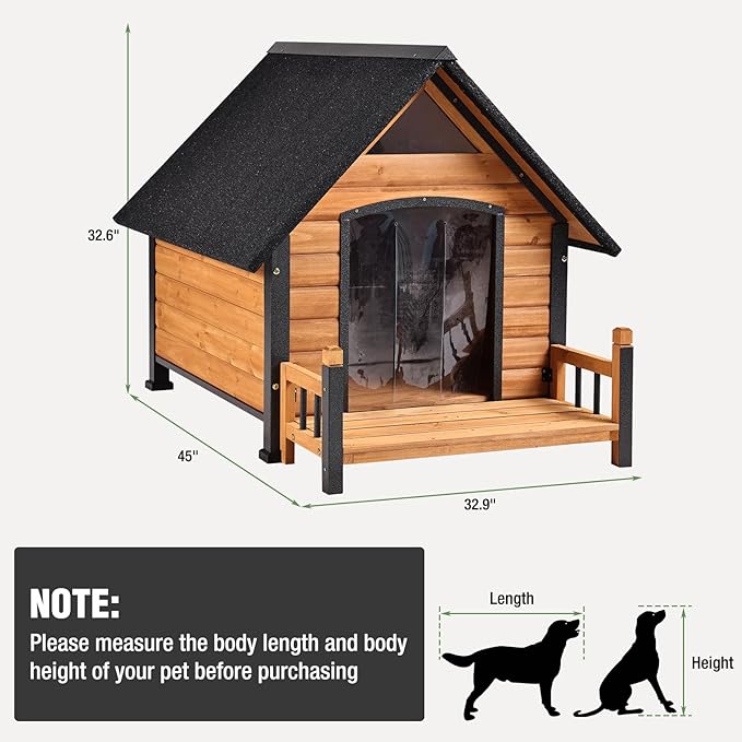 Dog House Outdoor with Anti-Chewing Iron Frame, Weatherproof Dog Kennel with Porch and Raised Feet for Small Medium Large Dogs Indoor (Brown, 45" x 32.9" x 32.6")-PurrikoPets