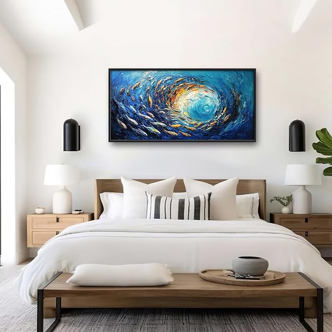 Extra Large Framed Abstract Ocean Fish Wall Art,Oversized Blue Sea Nautical Fish Wall Decor Pictures for Living Room,Canvas Print Painting Modern Artwork Bedroom Office Bathroom Home Decor 60L x30W-PurrikoPets