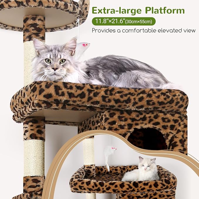 Globlazer Heavy Duty Cat Trees for Large Cats, Sturdy 72in Maine Coon Cat Tree for Large Cat 20 lbs+ Heavy Duty Cat Tower for Adult Biggest Cats with 6 Scratching Posts, Hammock, S72, Leopard Print-PurrikoPets