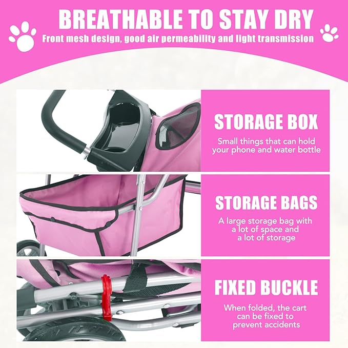 Dog Stroller, Folding 4 Wheels Pet Stroller for Small Medium Dog Cat Travel Carrier with Weather Cover Storage Basket Cup Holders Pink-PurrikoPets