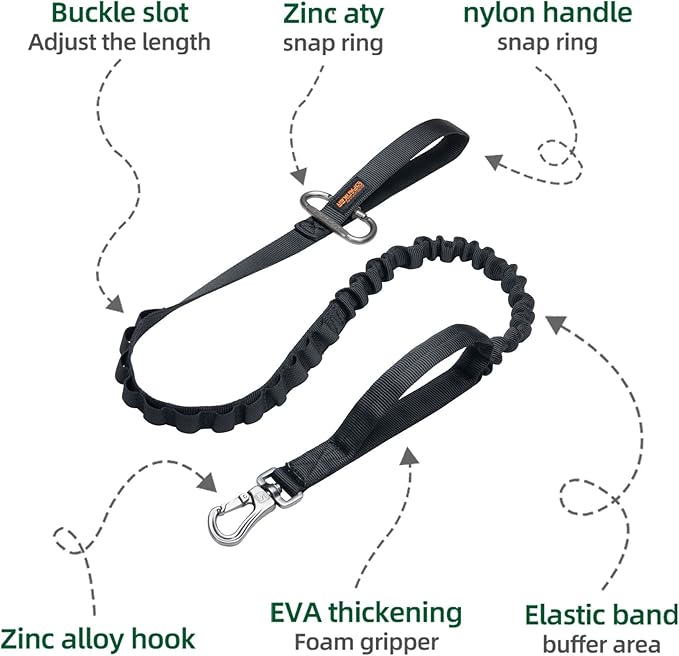 EXCELLENT ELITE SPANKER Tactical Bungee Dog Leash Military Adjustable Dog Leash Quick Release Elastic Leads Rope with 2 Control Handle(Black-PurrikoPets