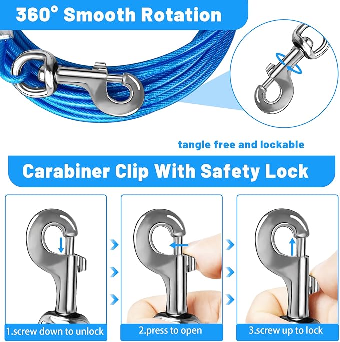 10/15/20/25/30 FT Dog Tie Out Cable - Steel Wire Dog Runner with Durable Clips for Outside Lead - Blue - Up to 165 lbs-PurrikoPets