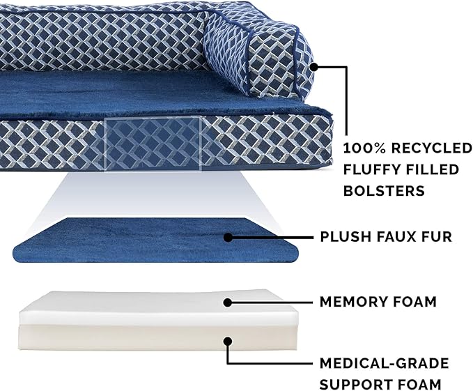 Furhaven Memory Foam Dog Bed for Large Dogs w/ Removable Bolsters & Washable Cover, For Dogs Up to 125 lbs - Plush & Woven Decor Comfy Couch Sofa - Diamond Blue, Jumbo Plus/XXL-PurrikoPets