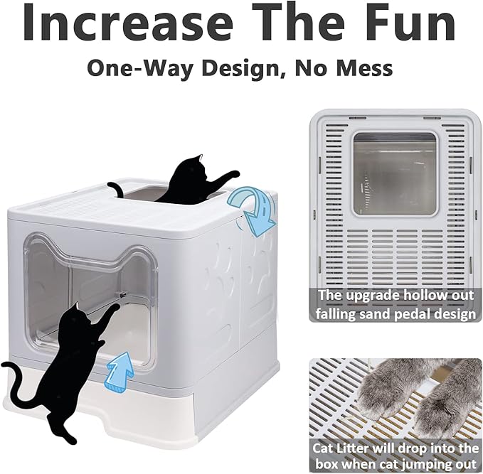 Foldable Cat Litter Box with Lid, Enclosed Potty, Large Top Entry Anti-Splashing Toilet, Easy to Clean Including Litter Scoop and 2-in-1 Cleaning Brush (Grey)-PurrikoPets