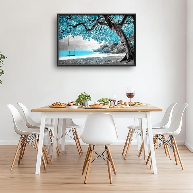 Extra Large Framed Abstract Tree Wall Art,Black and White Tree of Life Wall Decor,Blue Teal Sea Pictures for Living Room,Canvas Print Painting Modern Artwork Bedroom Office Bathroom 36L x 24W-PurrikoPets