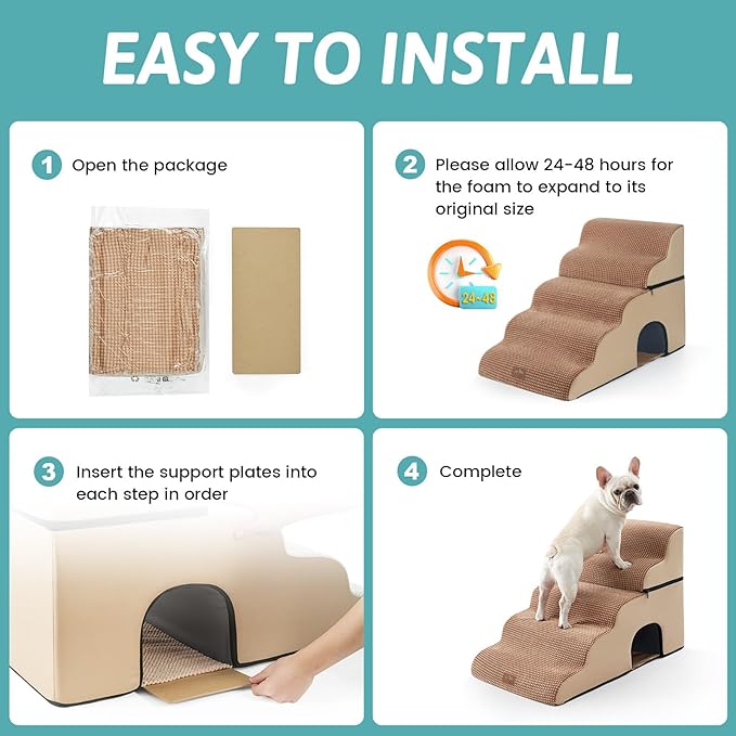 Extra Wide Dog Stairs with Tunnel, Detachable Large Pet Step for Small Medium Dog, Puppy or Cat, Ramp for High Bed, Couch, Sofa or Car, Stable, 19.7x33x22.4 inch, 5 Step, Light Brown-PurrikoPets
