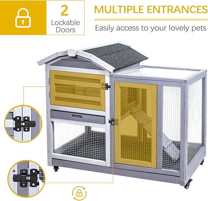 GEGURI Rabbit Hutch Indoor Rabbit Cage Outdoor, Wooden Bunny Cages for Guinea Pig with Wheels, Removable Tray, Ramp-PurrikoPets