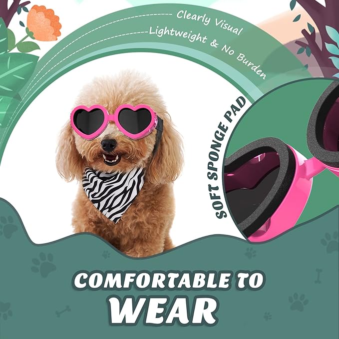 2 Pack Small Dog Sunglasses UV Protection Goggles Eye Wear Protection with Adjustable Strap Doggy Heart Shape Anti-Fog Sunglasses for Pet Dogs Sun Glasses Doggie Windproof Glasses, Pink-PurrikoPets