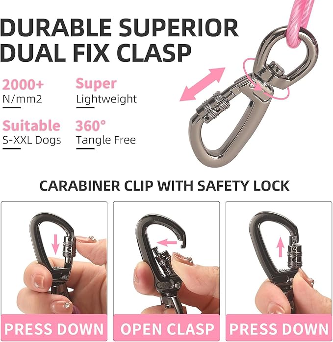 Dog tie Out Cable, 10/20/25/30/50/70/100 feet, Suitable for Dogs up to 350 pounds, Dog Cable with Swivel Buckle, Lightweight, Non-Winding, for Outdoor Camping, Yard Dog Cable (Pink, 70FT)-PurrikoPets