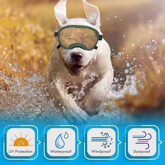 Dog Goggles for Large Dogs, UV Wind Dust Fog Protection, Soft Frame Adjustable Dog Sunglasses, Summer Driving & Winter Snow Eyewear, Tactical Pet Glasses with Elastic Strap (Green)-PurrikoPets