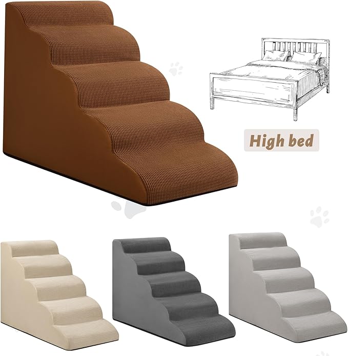 5-Step Dog Stairs and Ramp for High Bed,Non-Slip Sturdy Pet Steps for Small Dogs and Cats,22.2" H,Brown-PurrikoPets