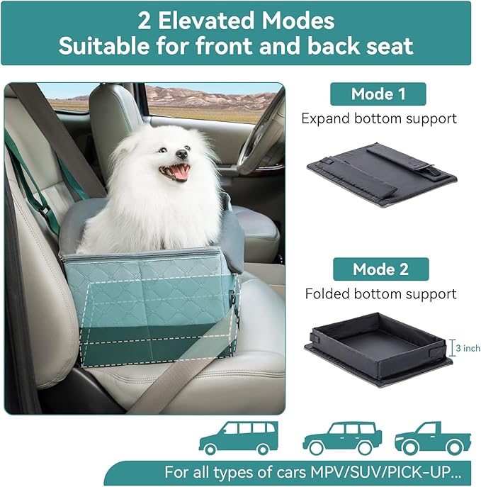 A 4 Pet Dog Car Seats for Small Dogs, Booster Car Seat with Patent Buckles & Clip-On Safety Leash, Pet Seat for Puppy Small Dogs Cats Under 25 Lbs, Green-PurrikoPets