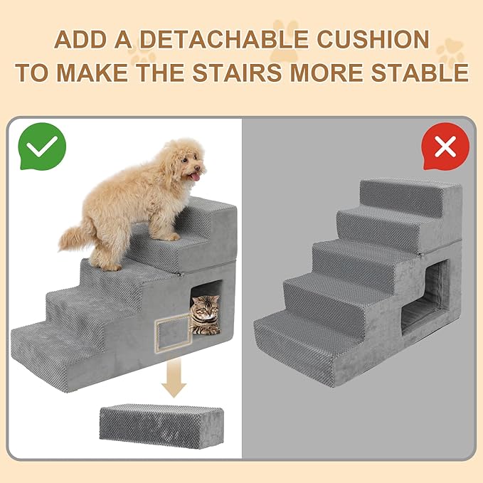 Dog Stairs for Small Dogs 23” H, 5-Step Dog Steps for High Bed, High-Density Foam Pet Stairs with Non-Slip Removable Washable Cover to Get on Bed-PurrikoPets