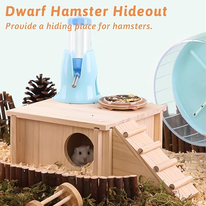 Fhiny Wooden Hamster Hideout for Small Animal, Gerbils Chamber Hut with Ladder Habitats Decor, Maze Climbing Toys for Dwarf Syrian Hamsters Mice and Other Small Pets-PurrikoPets