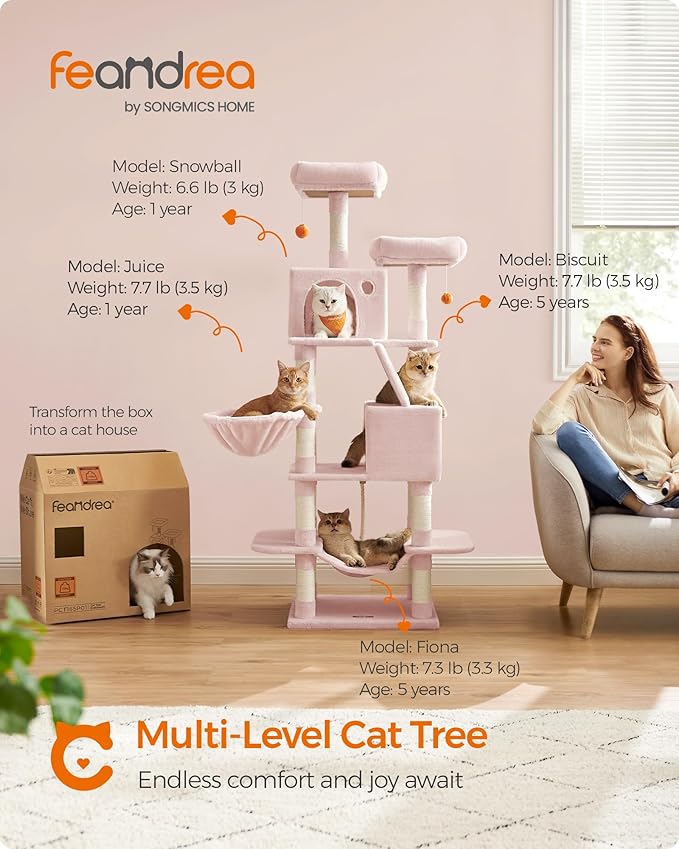 Feandrea Cat Tree, 66.1-Inch Large Cat Tower with 13 Scratching Posts, 2 Perches, 2 Caves, Basket, Hammock, Pompoms, Multi-Level Plush Cat Condo for Indoor Cats, Jelly Pink UPCT165P01-PurrikoPets