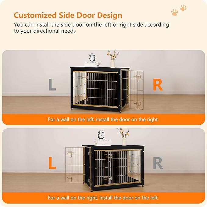 DWANTON Dog Crate Furniture with Cushion, Wooden Kennel Table with Double Doors, Indoor Dog House, Large Size, 38.5" L, Black+Gold-PurrikoPets