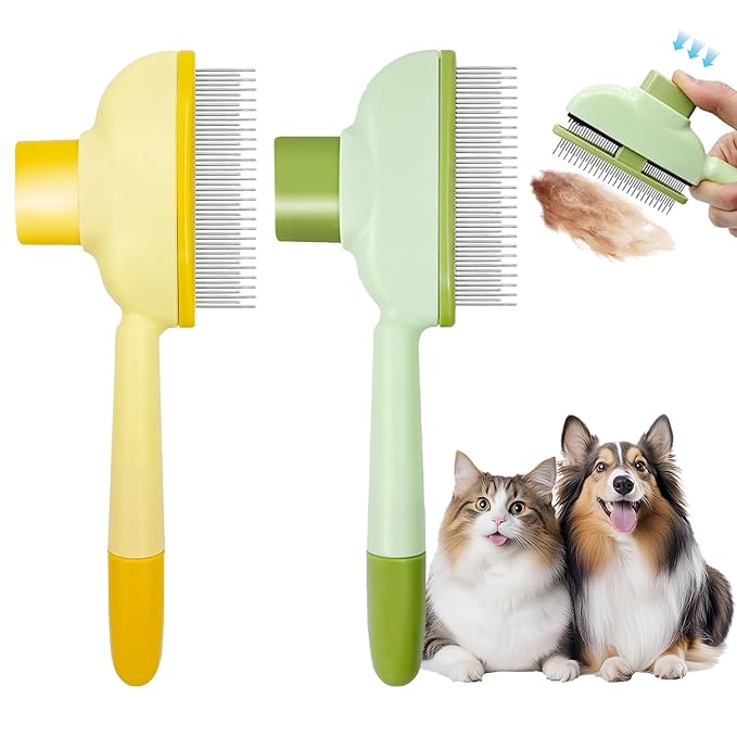 Flea Combs for Cats and Dogs with Release Button,Long & Short Stainless Steel Teeth for Deshedding, Fine Tooth Pet Brushes for Grooming Pet Hair Removal for Long and Short Hair 2 Pack-PurrikoPets