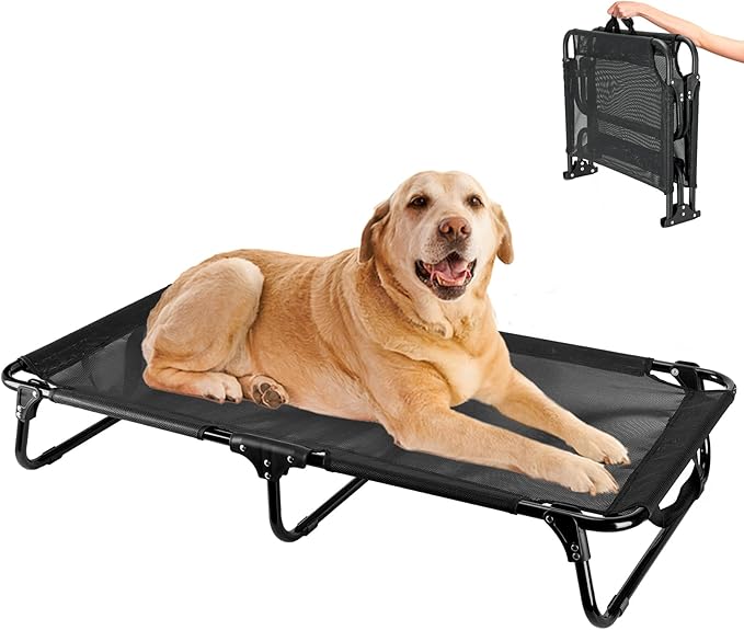 Elevated Dog Bed, Foldable Pet Bed with No Assembly, Cooling Raised Bed with Breathable Mesh, No-Slip Feet Durable Dog Cots Beds for Indoor & Outdoor Use, Black (L:43"x23"x7")-PurrikoPets