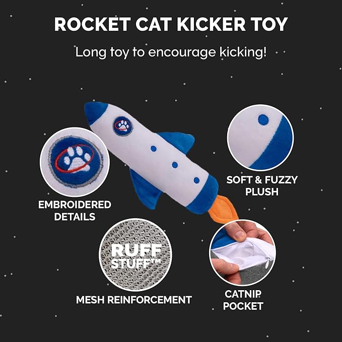 Furhaven Plush Cat Toy w/ Catnip for Indoor Cats, Washable & Durable w/ Refillable Catnip Pocket - Rocket Kicker Plush Toy - White/Blue, One Size-PurrikoPets