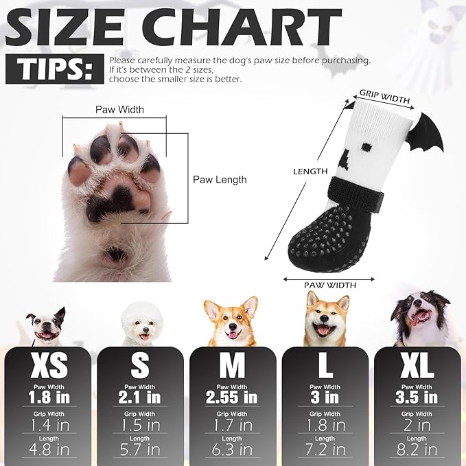 EXPAWLORER Halloween Anti Slip Dog Socks to Prevent Licking Paws, Boots & Paw Protectors with Grippers,Doggie Booties for Hardwood Floors for Small Medium Large Senior Dogs Costume White Ghost Wings S-PurrikoPets