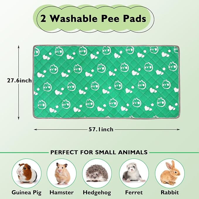 2 Pack Guinea Pig Bedding - Washable Guinea Pig Liners for C&C 2x4 Cage, Waterproof Reusable & Anti Slip Pee Pads Super Absorbent Mats for Small Animal Rabbit Hamster Rat (Green, 57 x 28 Inch)-PurrikoPets