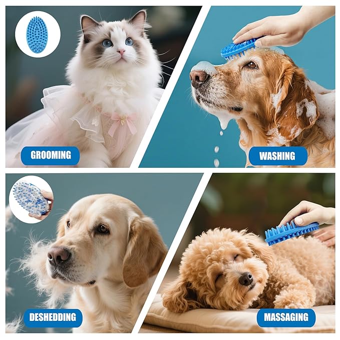 Dog Grooming Brush, Lilpep Pet Shampoo Bath Brush Soothing Massage Rubber Comb with Adjustable Ring Handle for Long Short Haired Dogs and Cats (2 pale blue, 2 sided brush)-PurrikoPets