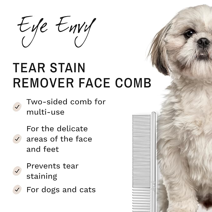 Eye Envy Tear Stain Remover Comb for Dogs and Cats. Fine/Coarse with 80 Rounded Pins. Gently Remove Crusty Eye Debris, Gunk and Boogers. Face and Feet Comb. Remove Tangles-PurrikoPets