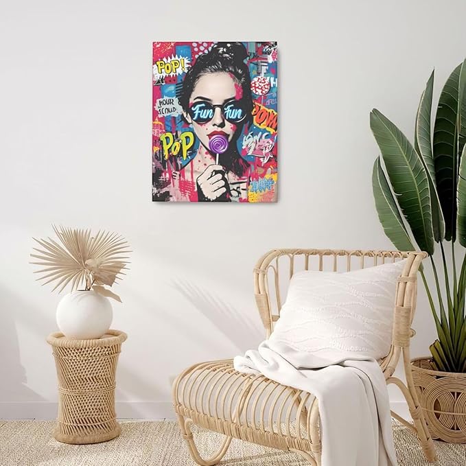 Fashion Women Wall Art Glam Modern Artwork for Girls Banksy Street Graffiti Pop Art Canvas Pictures Painting Print Framed Decorations Gifts for Bedroom Living Room Office 16"x20"-PurrikoPets