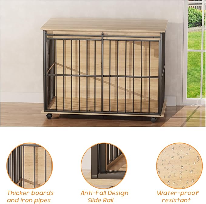 43.7" Dog Crate Furniture, XL Dog Crate Dog Kennel Indoor with Wheels for Large Medium Small Dogs, Wooden Dog Kennel End Table with Sliding Door Wooden Furniture Crates for Living Room, Bedroom-PurrikoPets