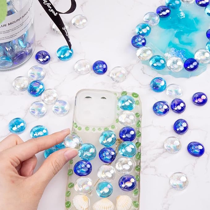 FUTUREPLUSX 1LB Iridescent Flat Glass Marbles, Blue Mixed Glass Beads Vase Fillers Decorative Gem Pebbles Sparkling Floral Fish Tank Rocks for Vases Table Scatter Aquarium Decor DIY Craft-PurrikoPets