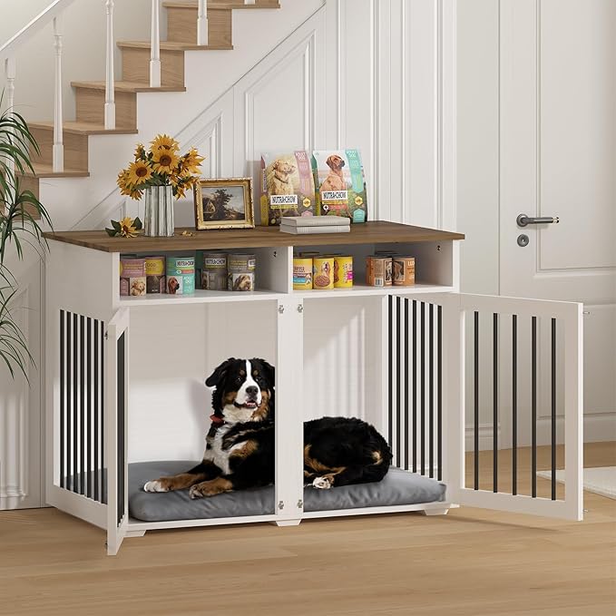 Furniture Dog Crate for 2 Dogs, 41 Inch Dog Kennel Furniture with Removable Divider and Shelf Storage, Wooden Dog Crate for Small/Medium Dogs, White-PurrikoPets
