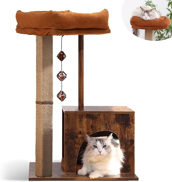 FUKUMARU Cat Scratching Post, Modern Style Cat Tree with Unique Square Post, Wooden Cat Tower with silvervine Balls, Retro Cat Condo Scratcher for Indoor Cats（Solid Wood）-PurrikoPets