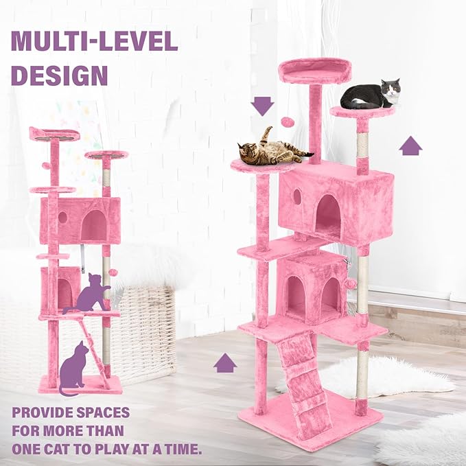 70 inches Cat Tower for Indoor Cats Multi-Level Cat Condos for XL Cat Tree Cat Climbing Tower with Scratching Posts, Hanging Toys,Pink-PurrikoPets
