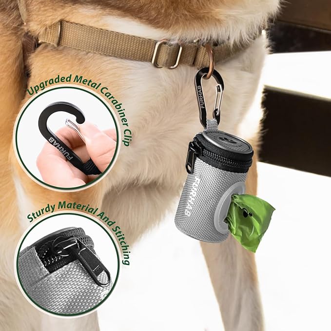 Glow Dog Poop Bag Holder for Leash Doggie Waste Bag Dispenser Puppy Potty Carrier Small Doggy Zipper Pouch with Carabiner Clip 1680D Nylon Oxford with 1 Roll of Pet Trash Bags, Silver-PurrikoPets